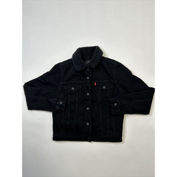 Levi's Sherpa Lined Trucker Jacket Forever Black XS Extra Small Womens Snap - Picture 5 of 11
